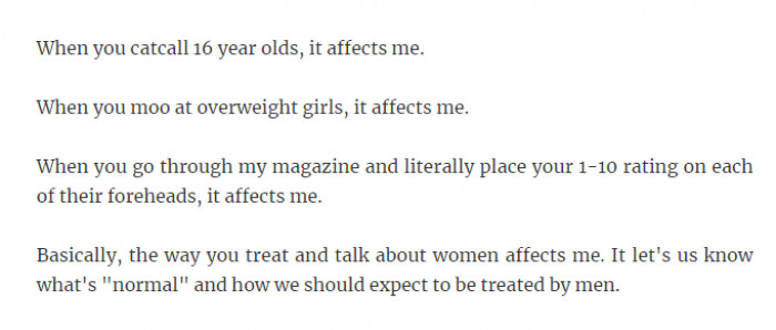 24. The way you treat and talk about women affects me.