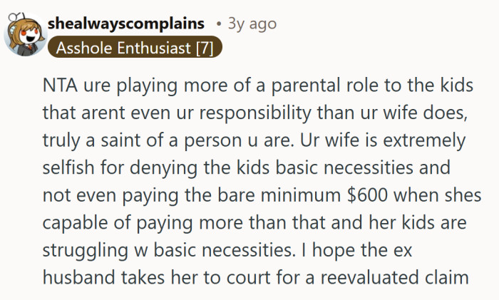 He is acting like the steady parent here, while the person with the actual obligation keeps stepping back from the basics.