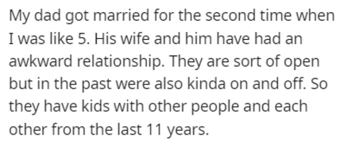 OP's dad got remarried and that relationship has been crazy