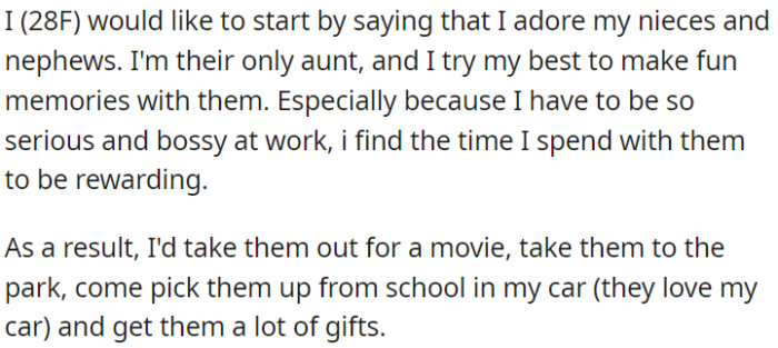 OP is the only aunt her nieces have, and OP enjoys creating fun memories with them