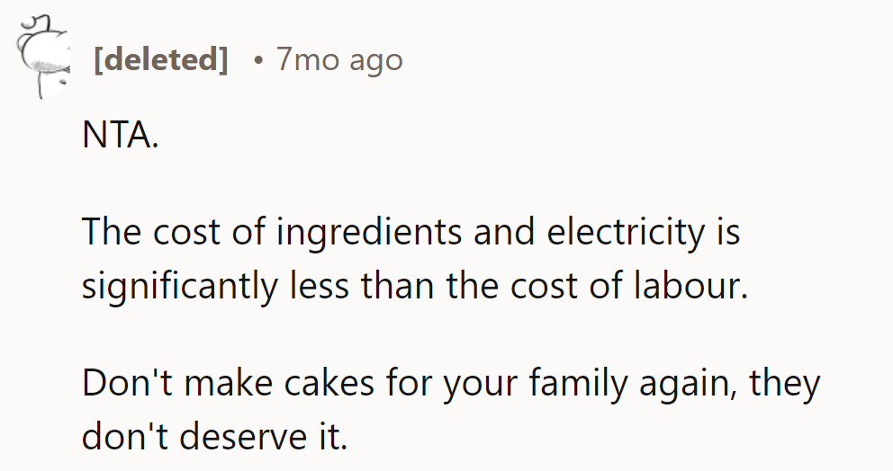 NTA. Labor beats ingredient bills any day. Next time, let them eat store-bought.