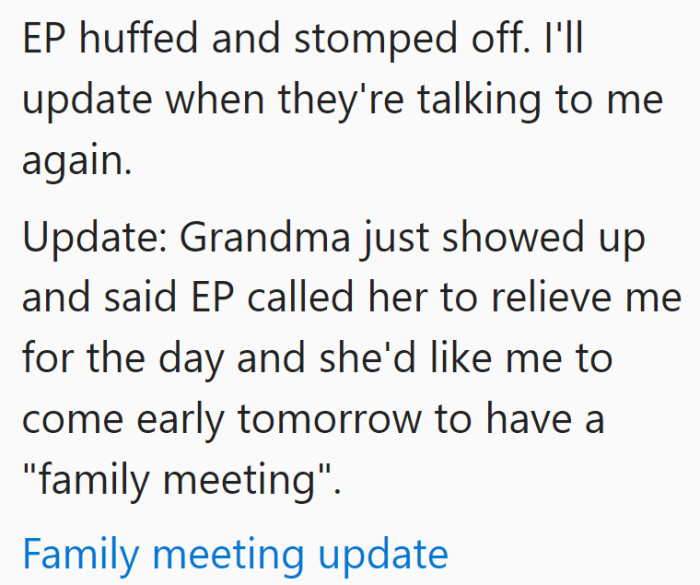 Then she goes into the details, saying that there will be a family meeting to talk about it.