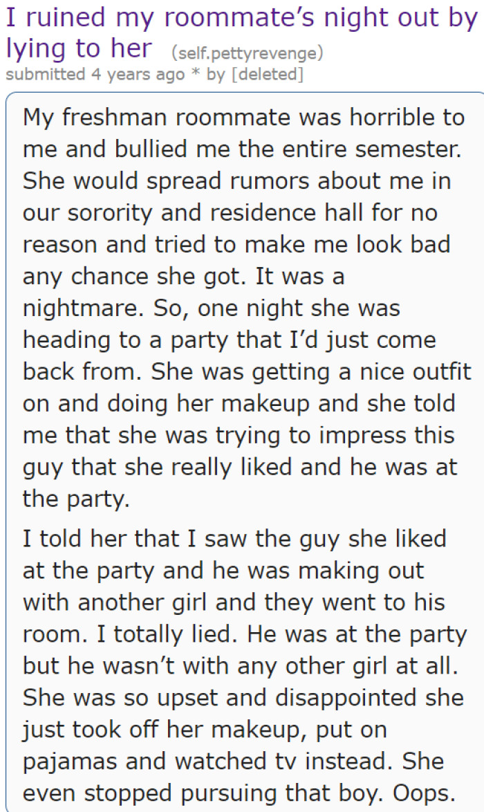 A Simple Lie Shattered the Night of the OP's Bullying Roommate.