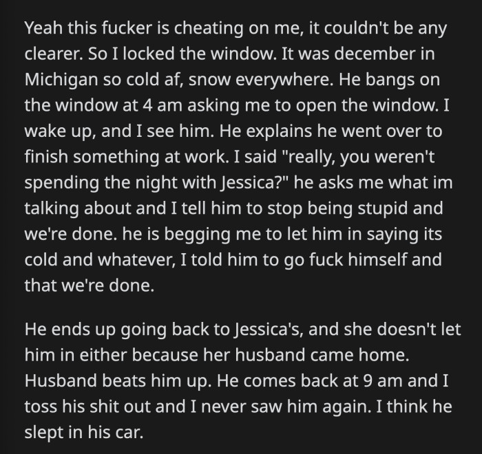 There Was No Denying That He Was Cheating on Her, So OP Locked Her Window During That Cold Michigan Winter.