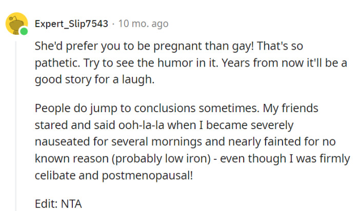 Her mother's preference for teenage pregnancy over her being gay is quite the red flag.