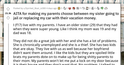 Redditor Makes Her Parents Choose Between Her Sister Going To Jail Or Replacing Her Car With Their Disneyworld Vacation Funds