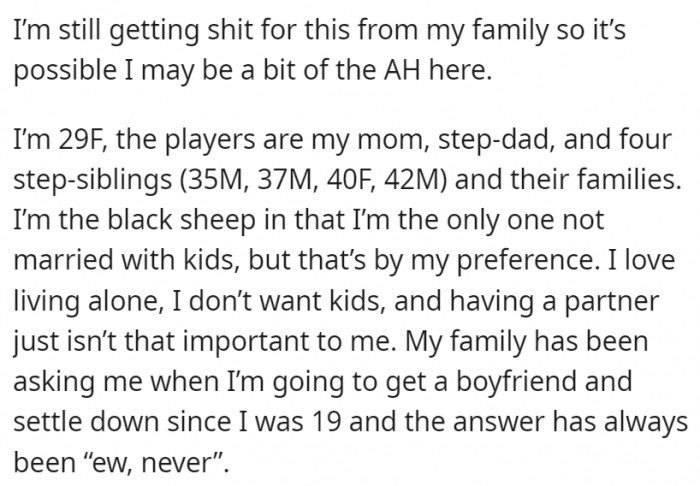 OP has made it clear for a long time that she doesn't want kids and having a partner isn't a priority for her family