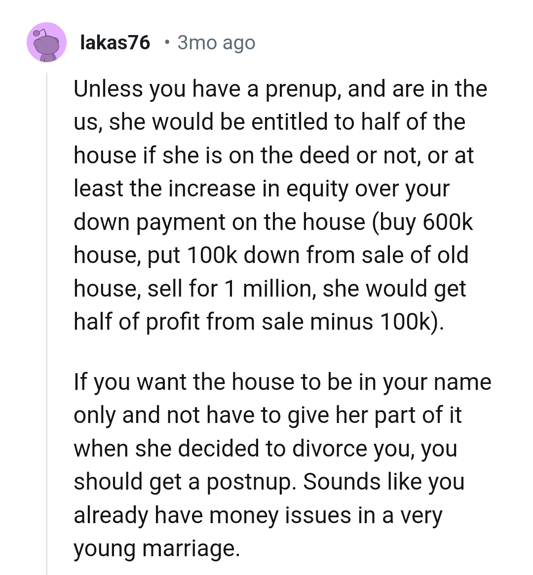 The OP should get a postnup