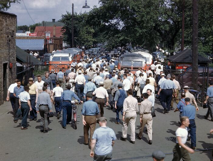 "Factory Workers At The End Of Their Shift, Indiana 1946"