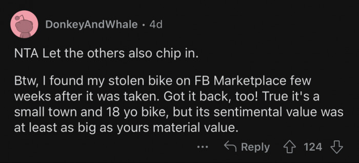 OP can potentially find her bike on FB marketplace.