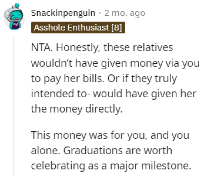 The relatives didn't have bills in mind when they gave OP the money