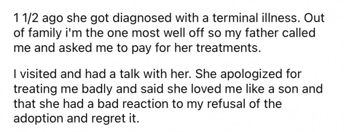 A while later, OP's stepmom was sadly diagnosed with a terminal illness.