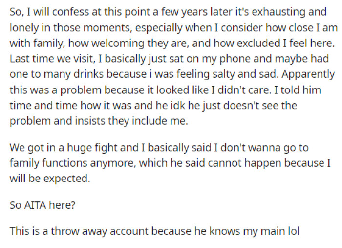 OP even states that she knows she hasn't done well with the language and that she really should have tried sooner. Eventually, she and her husband fought after she said she didn't want to attend any more family functions.