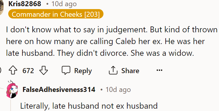 It's her late husband, and her feelings are valid.