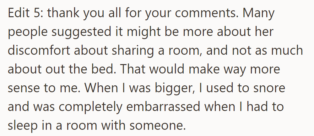Comments suggest her discomfort with sharing a room may be the main issue, not just the bed.
