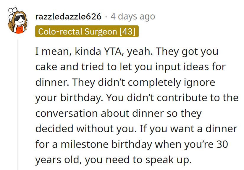 Cake's a start, but if she's hungry, she needs to speak up! It's not a silent movie night.
