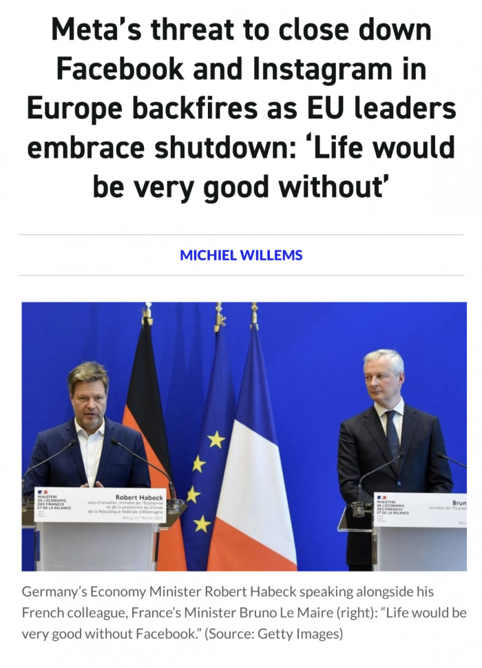 Meta's threat to close down Facebook and Instagram in Europe backfires as EU leaders embrace shutdown: 'Life would be very good without'