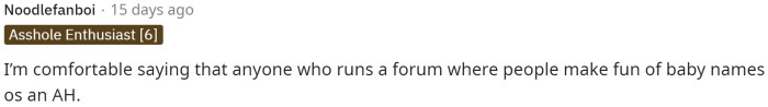 I'm not a big fan of hearing that someone runs a baby forum where people talk about and make fun of baby names, but maybe that's just me.