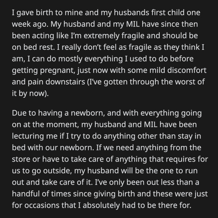 OP was about to leave when her husband asked if she didn't feel guilty leaving their newborn.