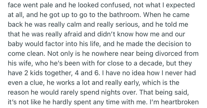 OP announced her pregnancy to her boyfriend, only for him to confess that he has a wife and kids