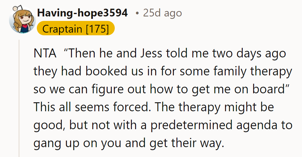 NTA. Therapy shouldn’t be a setup to gang up on him. It should be about understanding.