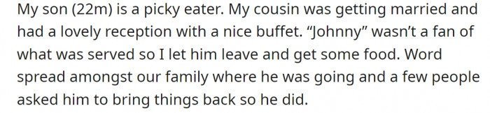 OP's son decided to ditch the meals at a wedding reception for fast food; now others are following suit