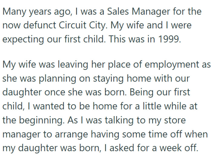 He and his wife were expecting their first child. His wife planned to quit her job to become a stay-at-home mom, and he wanted to take some time off to be with his newborn daughter.