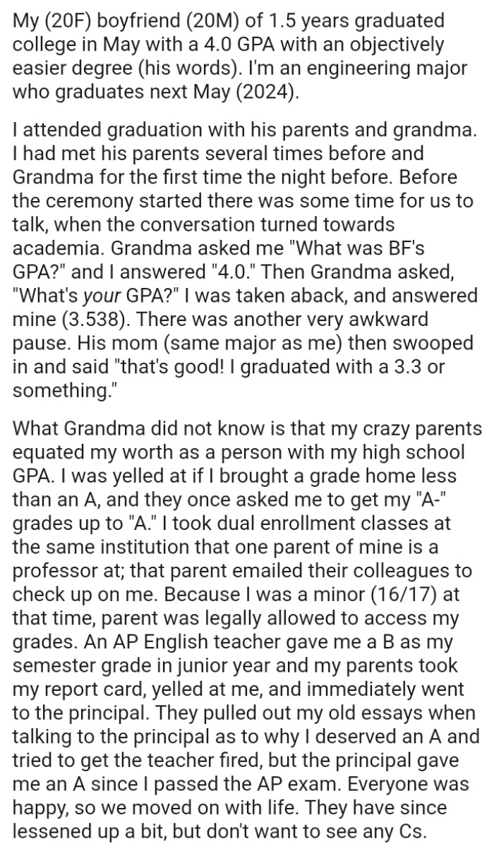 OP's crazy parents equated her worth as a person with her high school GPA