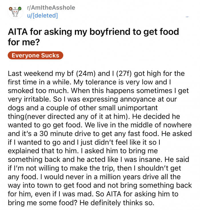 Here's the original post by a Reddit user who later deleted her account: