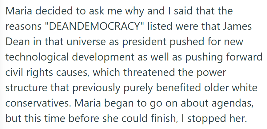 Explained 'DEANDEMOCRACY' to Maria: James Dean challenged old conservatives. Interrupted her agenda talk.