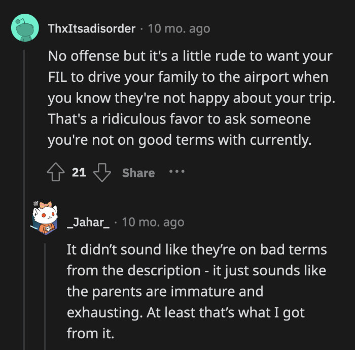 A Redditor said it was rude of OP to suggest that her FIL drive them to the airport when she knew how they felt about this holiday
