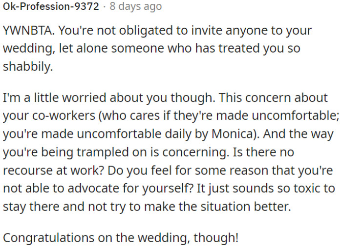 OP doesn't have to invite anyone to her wedding, especially not someone who treated her poorly
