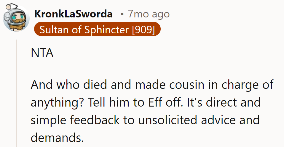 NTA - Cousin's not the sandwich sheriff here. Time for him to find lunch.