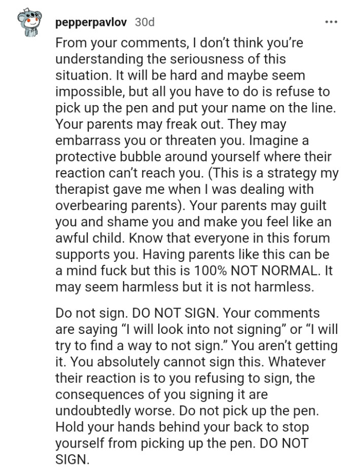 OP's parents might guilt and shame her