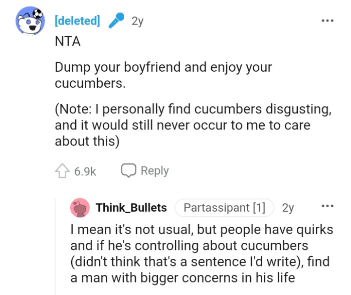 OP should dump her boyfriend and enjoy her cucumbers