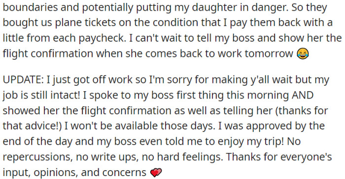 OP's parents agreed to buy her plane tickets, and her boss approved the days off