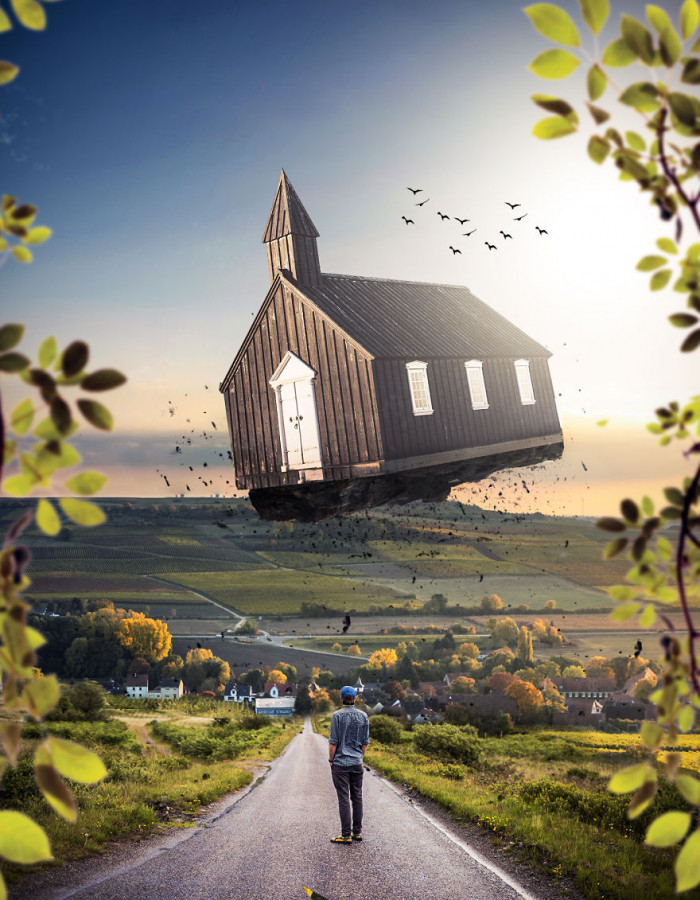 15. What does this flying church-like building remind you of?