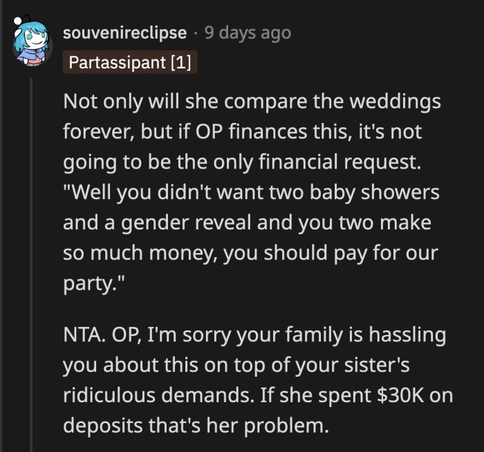 It probably won't be the last time she will try to exploit OP's kindness if OP gives in this one time.