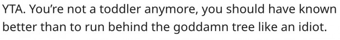 13. As an adult, she should have known that running behind the tree was foolish.