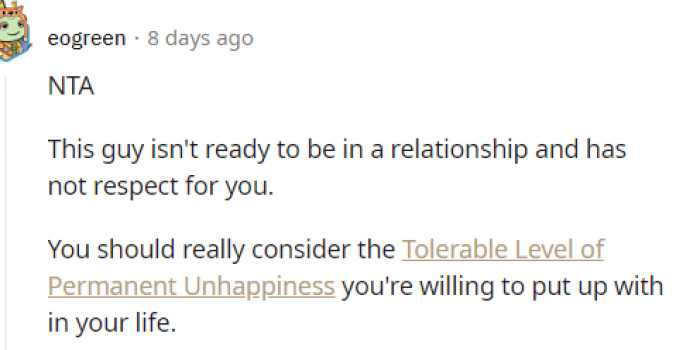 There are many different perspectives in the comments, but many people had a lot to say about this situation and what she should tolerate.