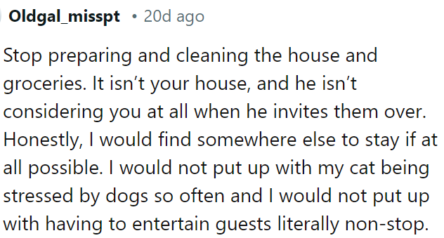 It's unfair for OP's cat to be frequently stressed by dogs, and OP shouldn't have to entertain guests constantly.