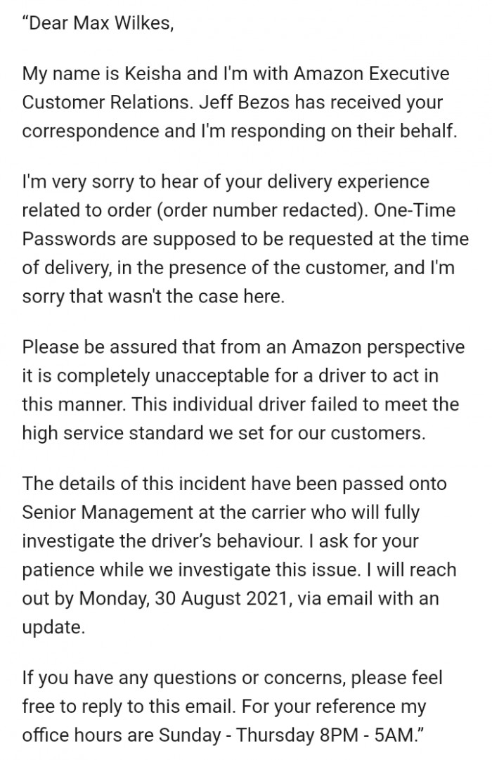 Within a few days, he got a reply from Keisha, a representative of Amazon Executive Customer Relations