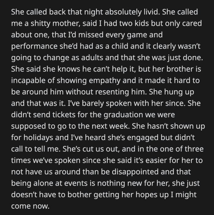 She barely talked to OP since then. She got engaged and didn't even tell her.