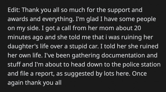 OP got a manipulative phone call from his ex's mom, but he stood his ground and said she ruined her own life.