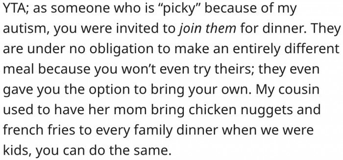 7. Her fiancé's family is not obligated to prepare a different dish to accommodate her.