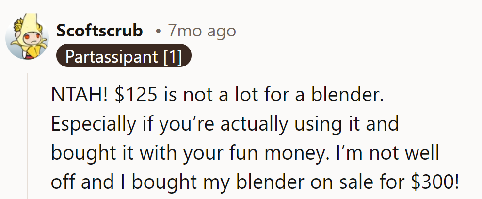 $125 for a blender? Pocket change! She's using it; she bought it with fun money.