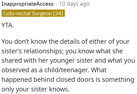 OP lacks knowledge about her sister's relationships.