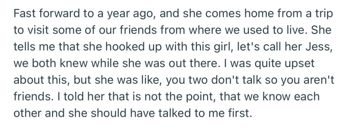 OP’s wife returned from a trip, only to announce that she had hooked up with a girl (Jess) they used to know
