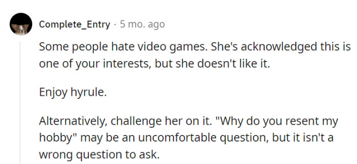 In this love vs. gaming battle, may one conquer Hyrule! And if necessary, don't be afraid to slay the dragon of her resentment with a well-aimed question.