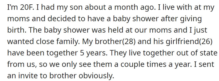 The OP explained she invited her close family to the baby shower: